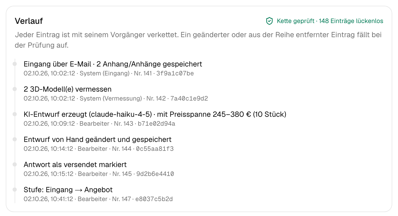 Verlauf einer Anfrage mit sechs Einträgen von Eingang bis Stufenwechsel, jeweils mit Zeitpunkt, laufender Nummer und Prüfwert.